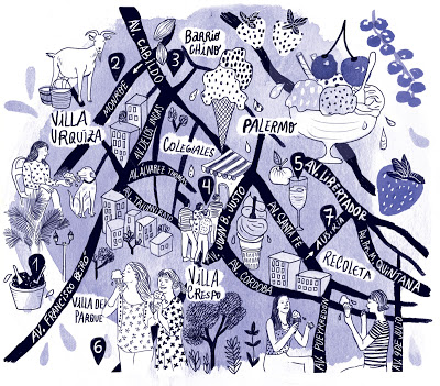 Caricatura de un mapa con heladerías en C.A.B.A.