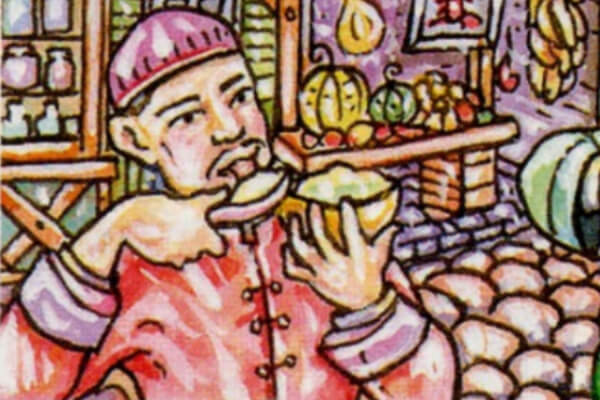 Ilustración de una persona tomando helado en Pekín alrededor del 4.000 a.C.